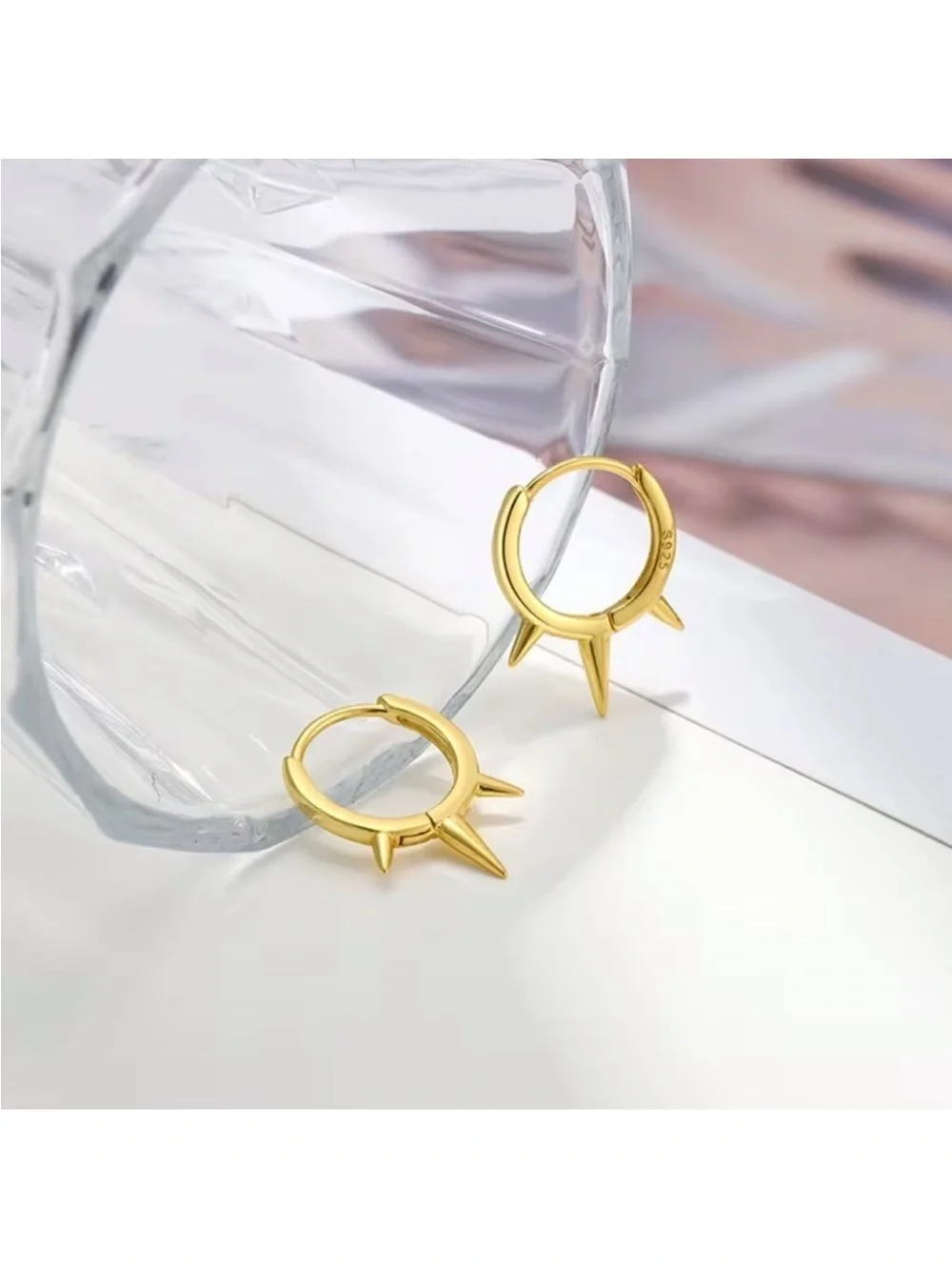 18K Gold Plated Silver Spike Hoop Earrings new